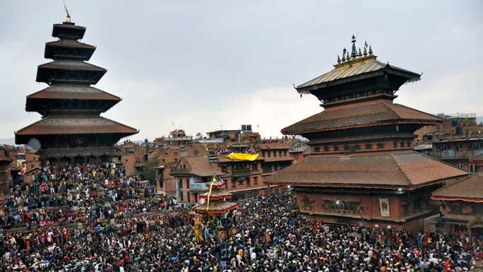 Devotees and participants during the Bisket Jatra at Taumadhi Tole in Bhaktapur, Kathmandu Valley, Nepal. 