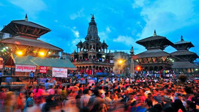 Devotees near the Krishna Temple in Patan, Kathmandu Valley, during the Krishna Ashtami festival that falls in mid August.