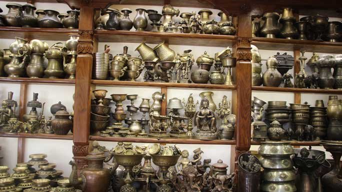 Bronze and brass items on display at a shop in Kathmandu, Nepal. 