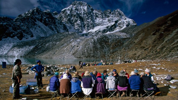 Tourists eating breakfast in the Everest region, Nepal