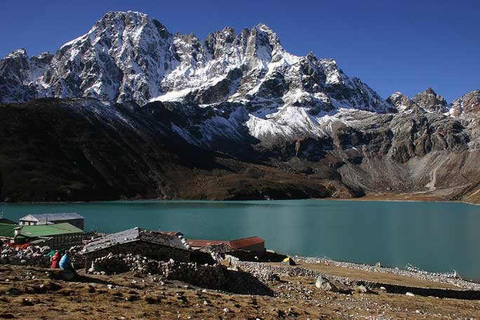 Lodges near the Gokyo Lake with view of mountains in the Everest region, Nepal. 
